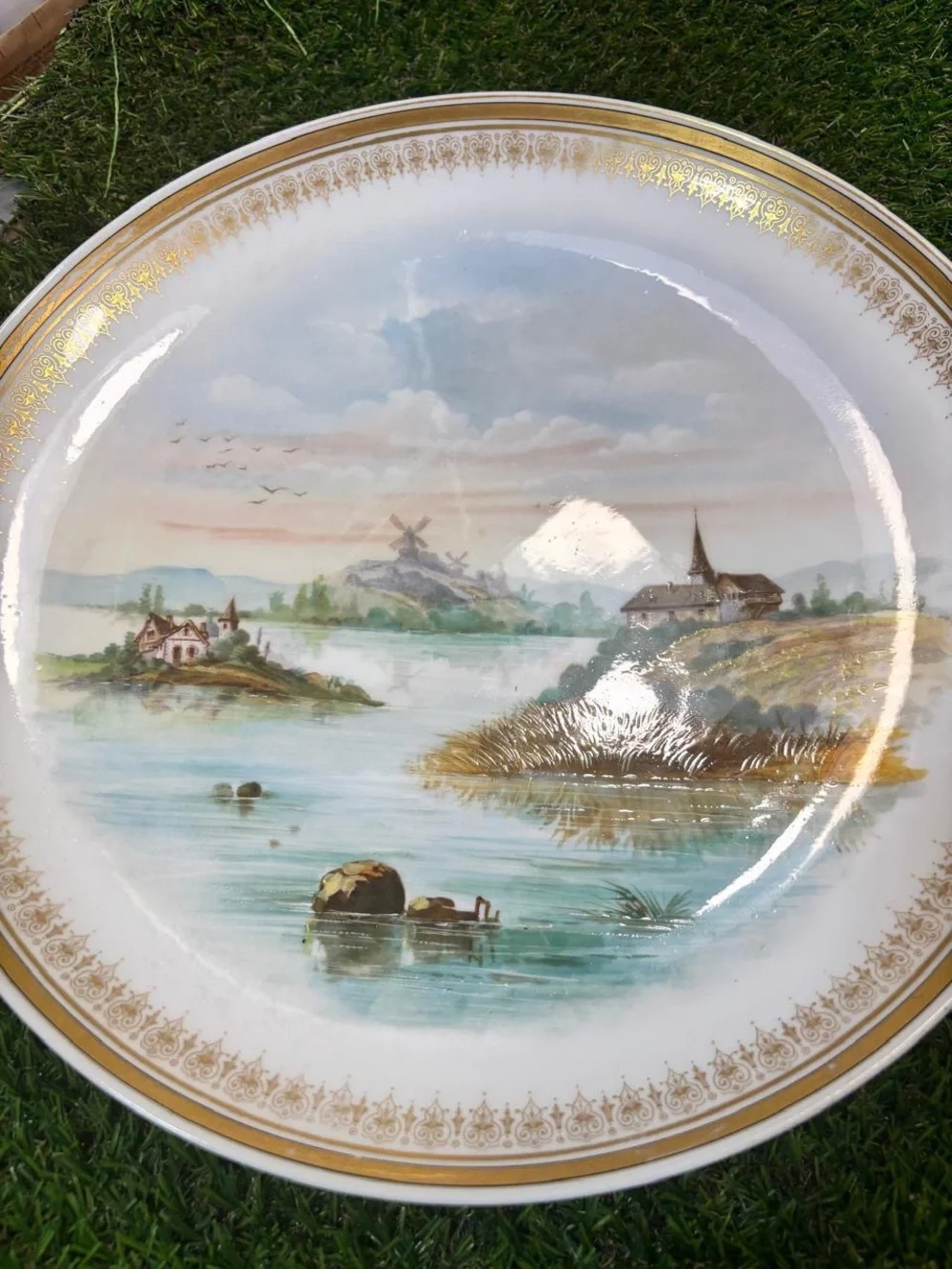 Vintage Crescent China Serving Lot Scenic Platter Floral Bowl Marble Tray 3 Pc